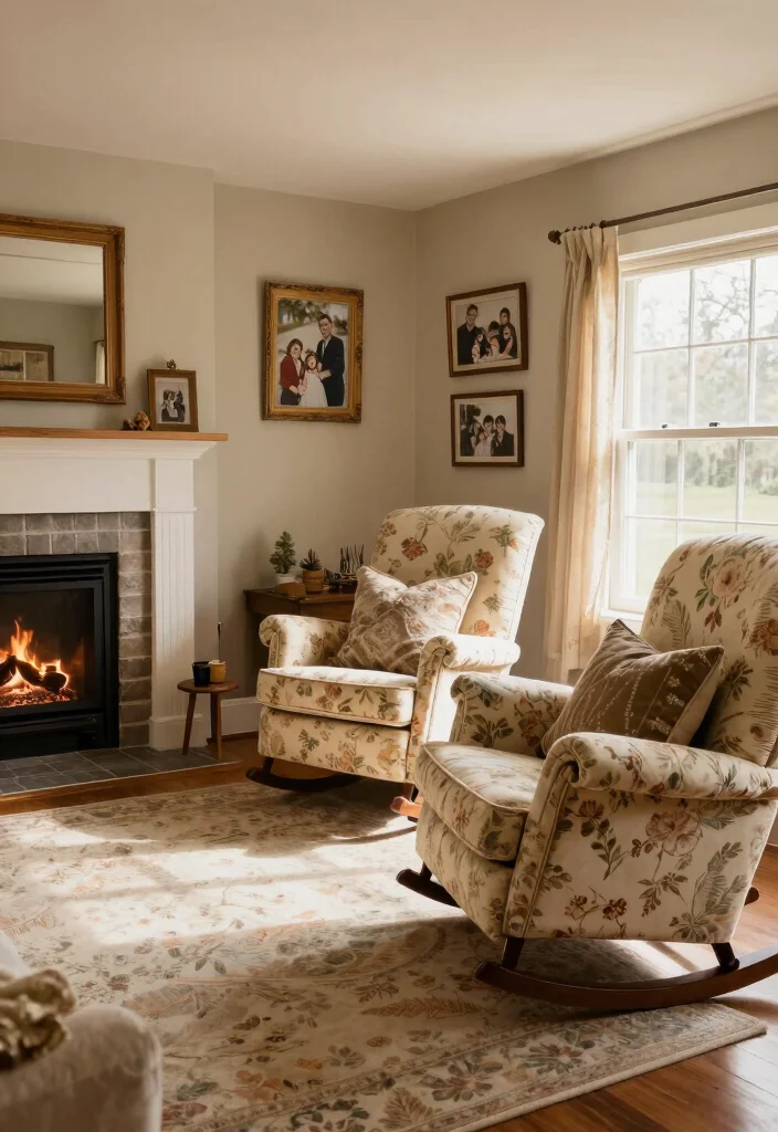 16 Rocking Chair Living Room Ideas Timeless Cozy Charm - 3. Cozy Cottage: Soft Fabrics and Vintage Finds 1