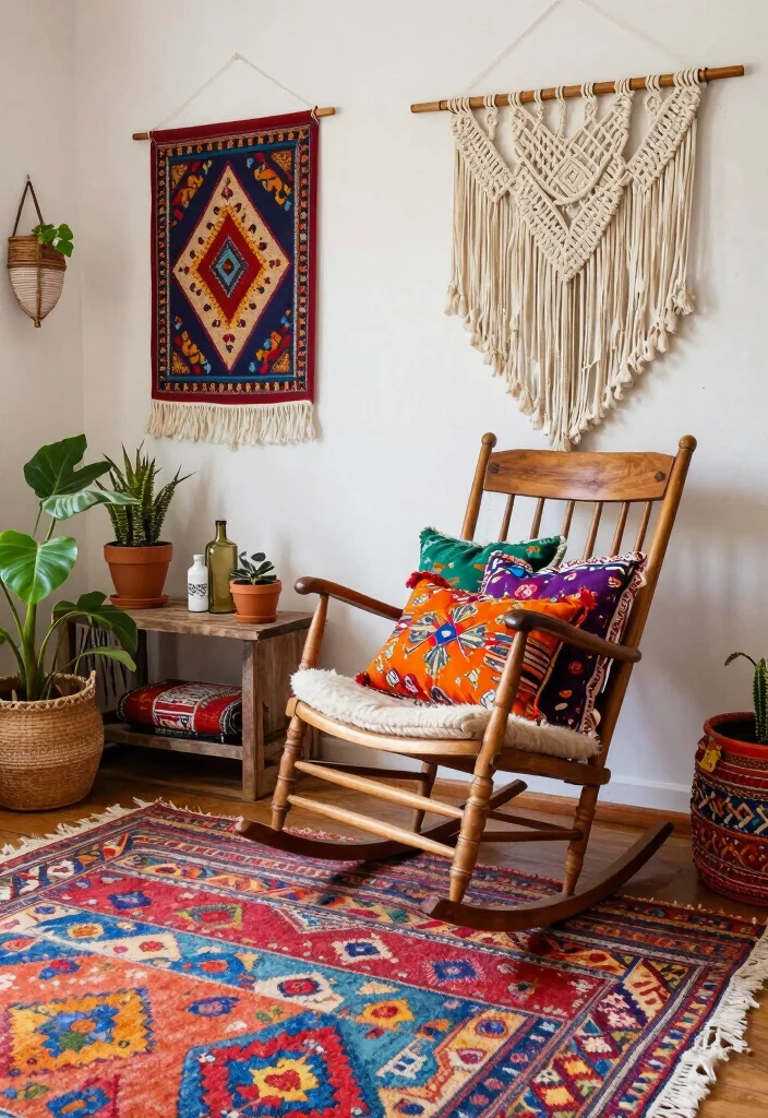 16 Rocking Chair Living Room Ideas Timeless Cozy Charm - 4. Bohemian Bliss: Eclectic Decor and Colorful Patterns 1