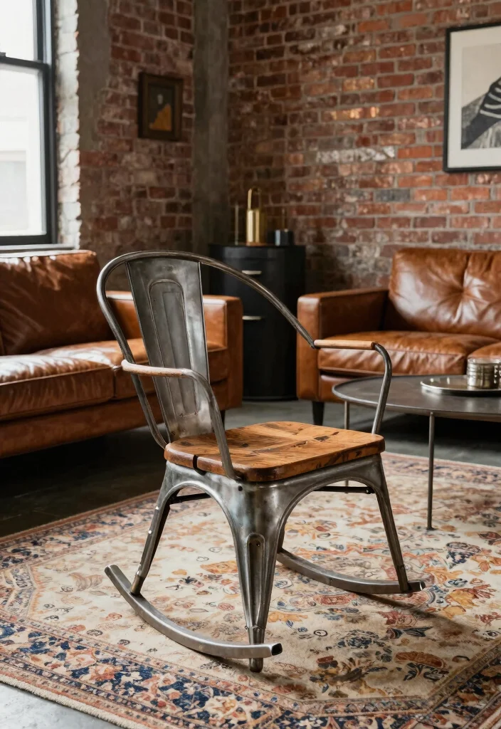 16 Rocking Chair Living Room Ideas Timeless Cozy Charm - 5. Industrial Edge: Metal and Wood Combo 1
