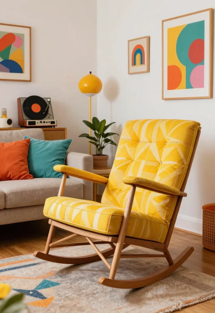 16 Rocking Chair Living Room Ideas Timeless Cozy Charm - 6. Retro Revival: Bold Colors and Patterns 1