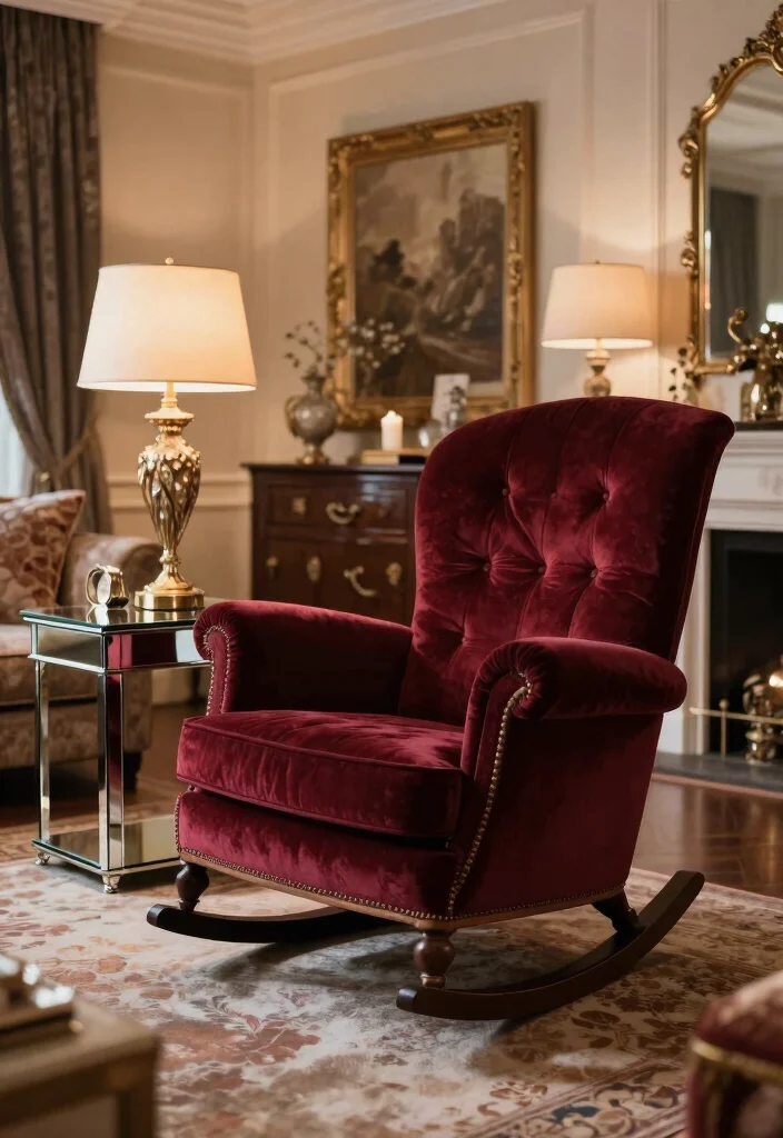 16 Rocking Chair Living Room Ideas Timeless Cozy Charm - 9. Vintage Glam: Curvy Shapes and Rich Fabrics 1