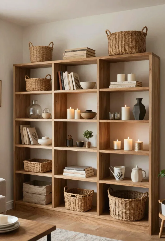 16 Wall Shelf Decor Living Room Ideas: Practical and Chic - 11. Open Shelving with Baskets 1