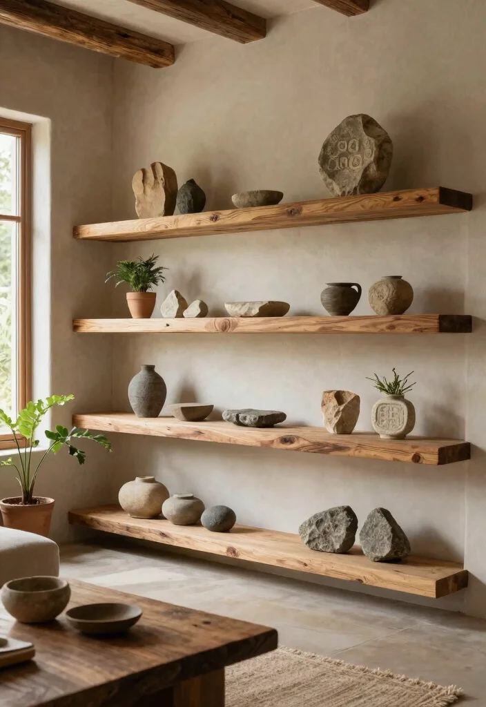 16 Wall Shelf Decor Living Room Ideas: Practical and Chic - 12. Natural Wood and Stone Combos 1
