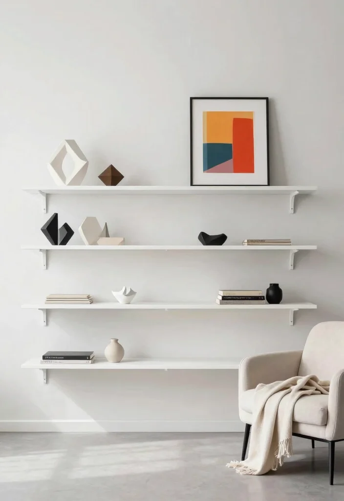 16 Wall Shelf Decor Living Room Ideas: Practical and Chic - 2. Minimalist Modern Shelves 1
