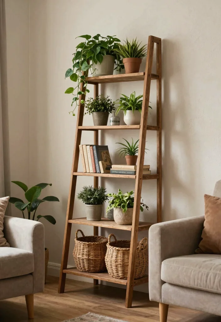 16 Wall Shelf Decor Living Room Ideas: Practical and Chic - 3. Vintage Ladder Shelf 1