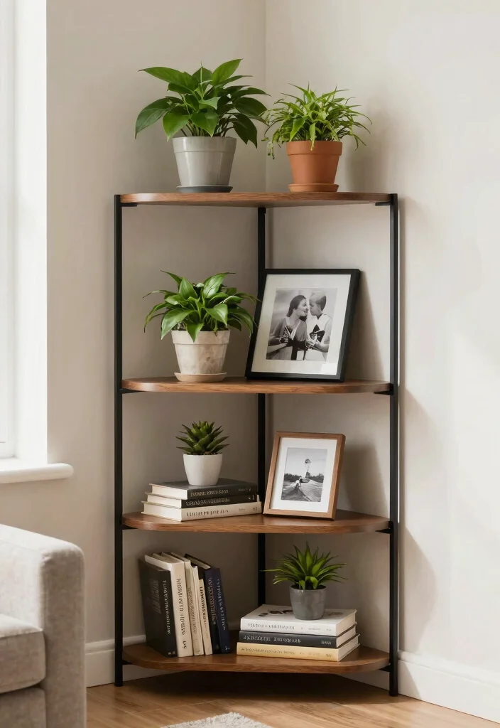 16 Wall Shelf Decor Living Room Ideas: Practical and Chic - 7. Corner Shelf Magic 1