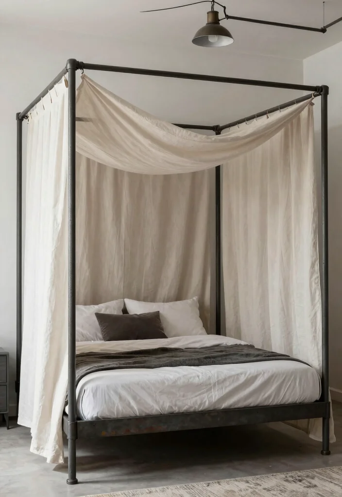 17 Bedroom Ideas Canopy Bed That Feel Dreamy and Elegant - 16. Soft Industrial 1