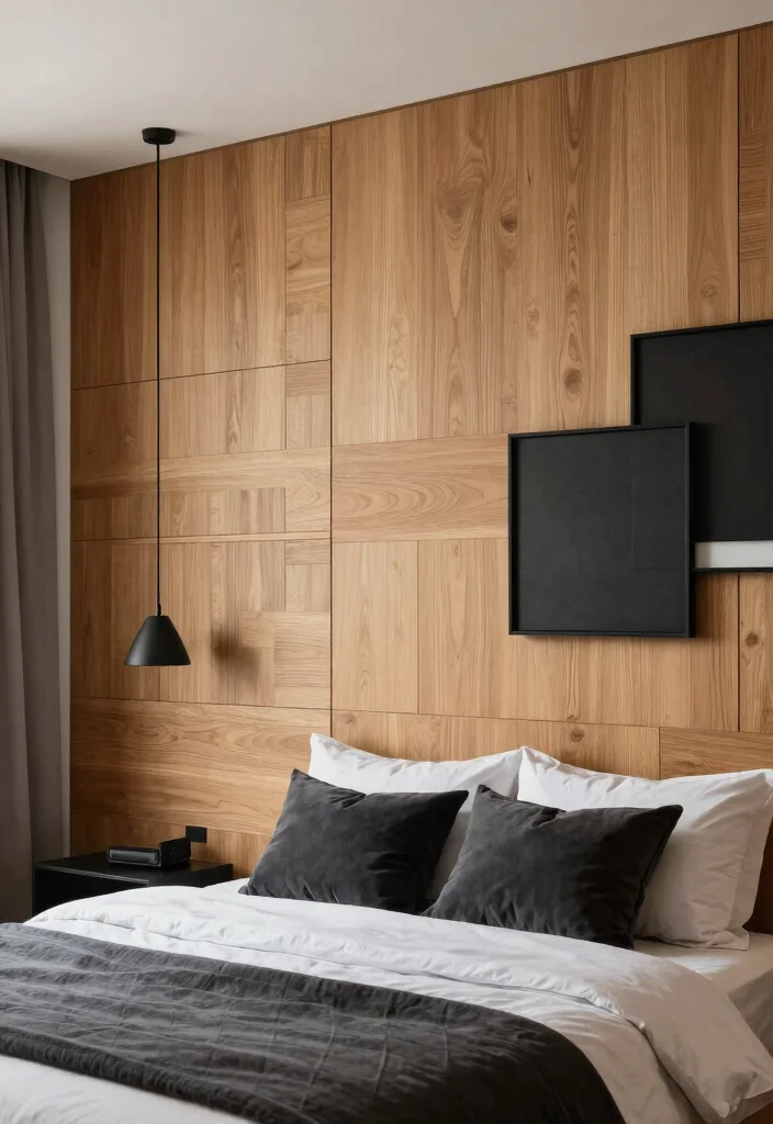 17 Black and Oak Bedroom Ideas: Modern Natural Elegance - 10. Innovative Oak Wall Panels 1