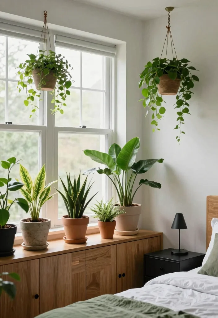 17 Black and Oak Bedroom Ideas: Modern Natural Elegance - 12. Incorporating Greenery 1