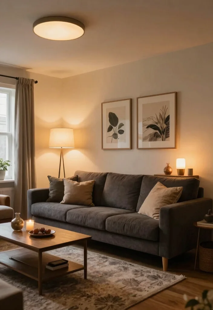 17 Dark Gray Sofa Living Room Ideas Modern and Versatile - 12. Layered Lighting Effects 1