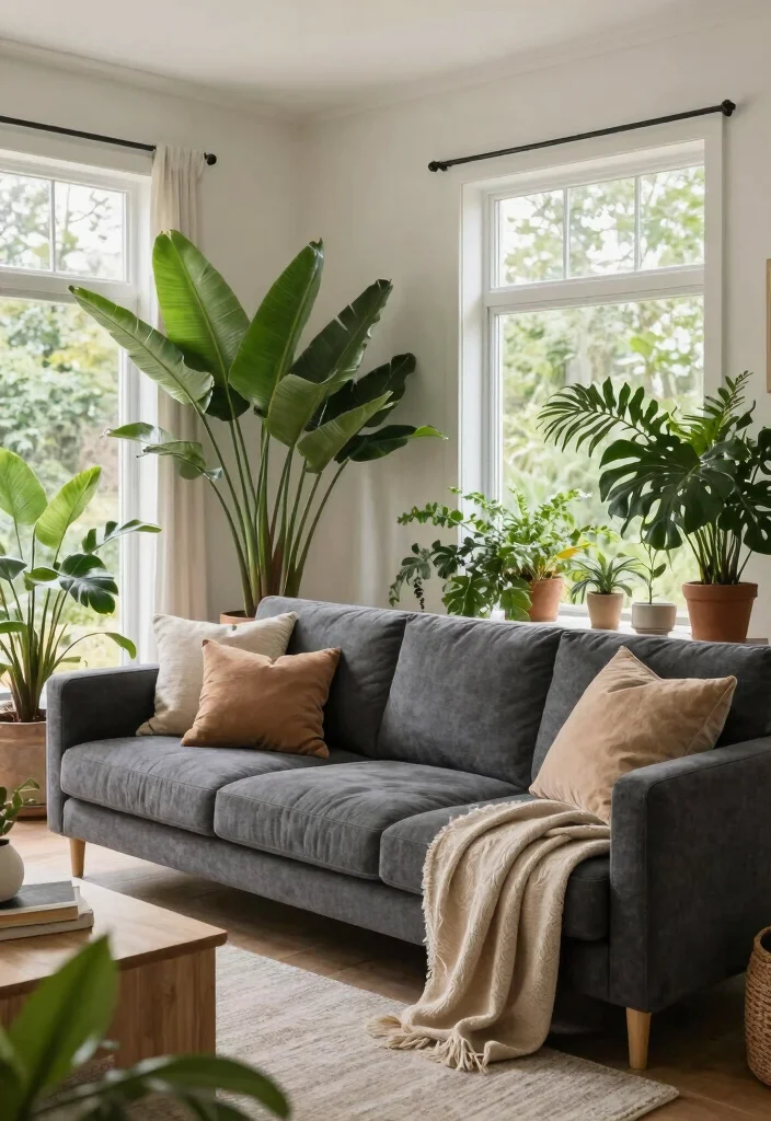 17 Dark Gray Sofa Living Room Ideas Modern and Versatile - 15. Outdoor-Inspired Living Rooms 1