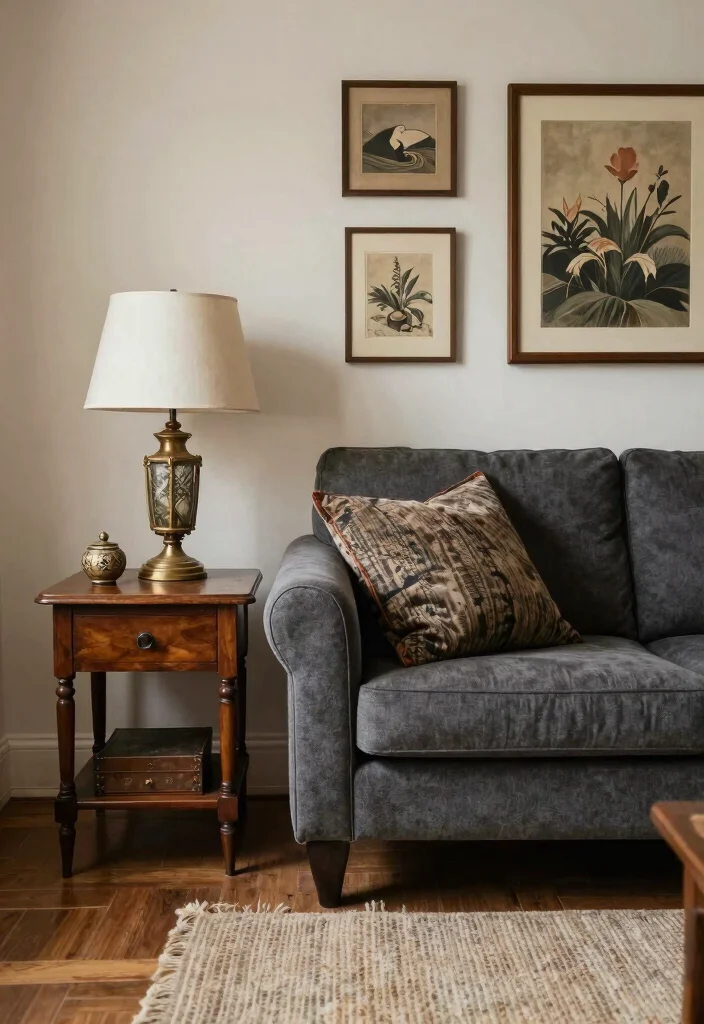 17 Dark Gray Sofa Living Room Ideas Modern and Versatile - 16. Vintage Accents with a Modern Twist 1