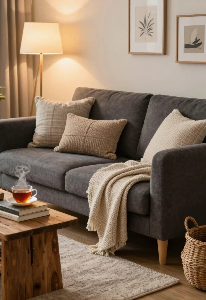 17 Dark Gray Sofa Living Room Ideas Modern and Versatile - 2. Cozy Layered Textures 1