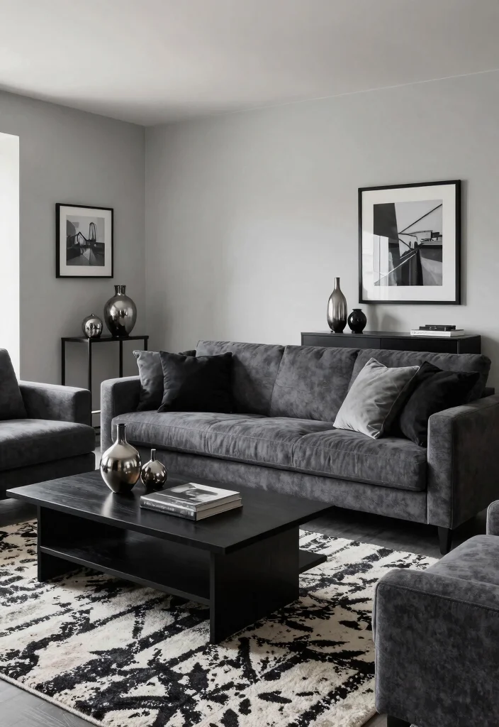 17 Dark Gray Sofa Living Room Ideas Modern and Versatile - 4. Elegant Monochrome Scheme 1