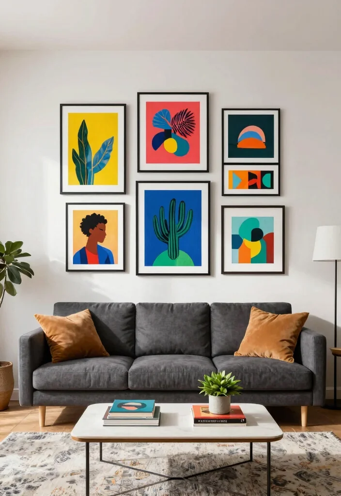 17 Dark Gray Sofa Living Room Ideas Modern and Versatile - 8. Bold Artwork as a Focal Point 1