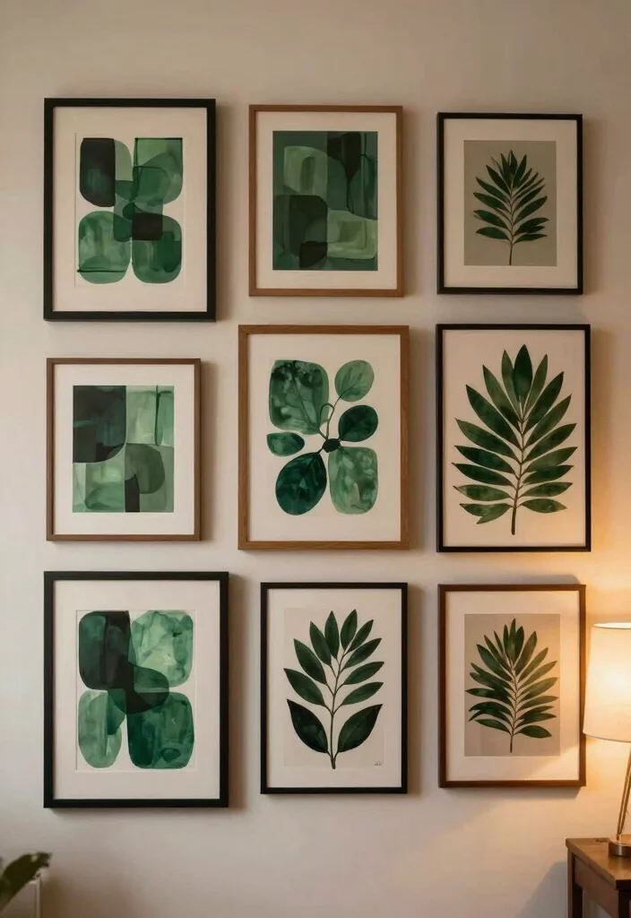 17 Forest Green Living Room Decor Ideas Rich Calm and Trendy - 4. Green Wall Art 1