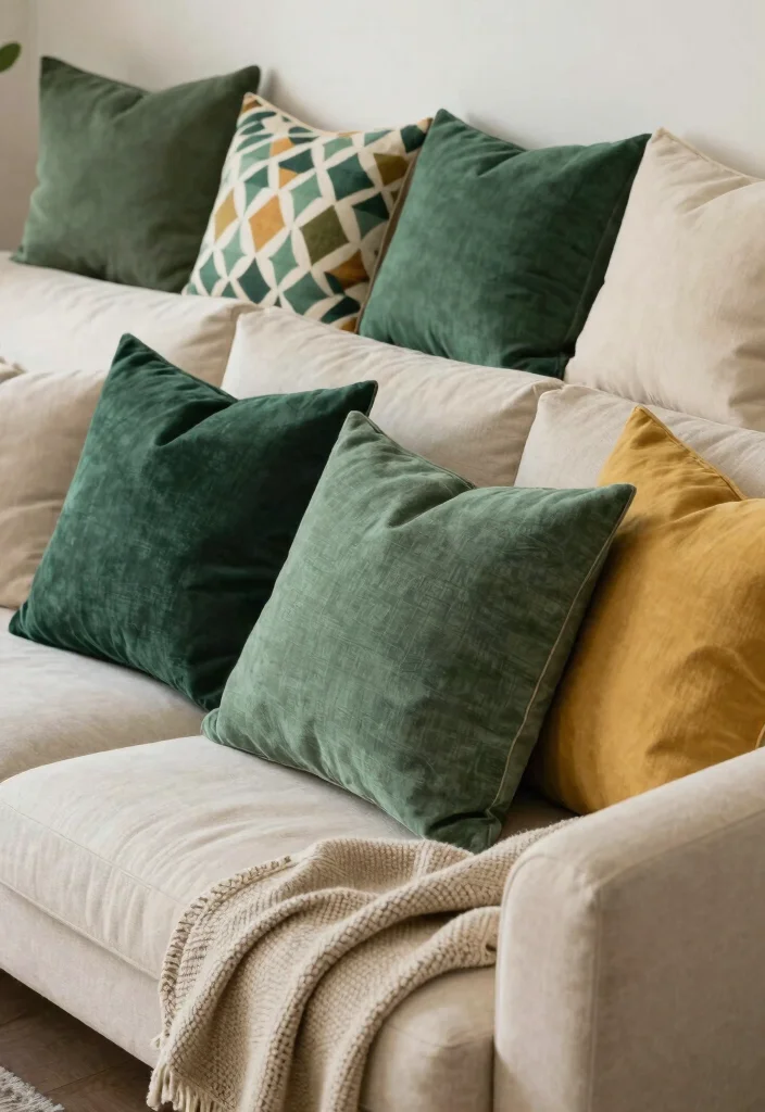 17 Forest Green Living Room Decor Ideas Rich Calm and Trendy - 9. Forest Green Throw Pillows 1