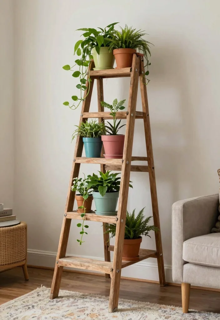 17 Living Room Plant Wall Ideas Fresh Lush Impact - 14. Vintage Ladder Planter 1