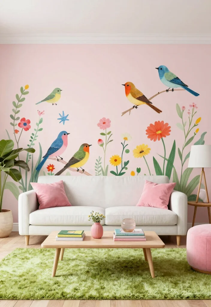 17 Living Room Wall Mural Ideas Artistic Statement Decor - 3. Whimsical Flora and Fauna 1