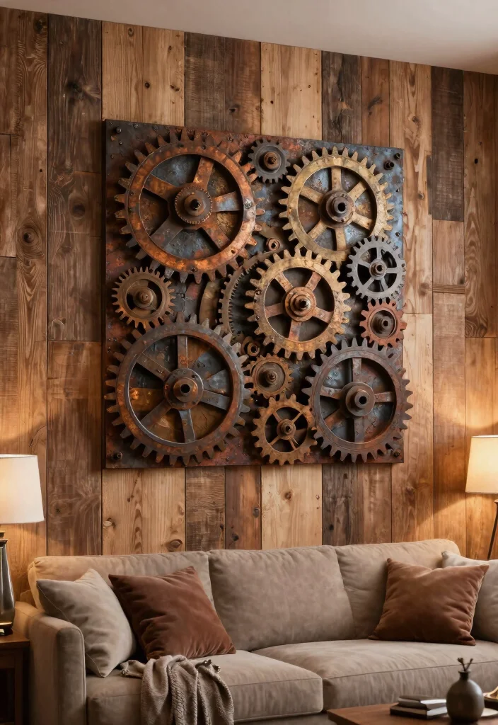 17 Metal Wall Decor Living Room Ideas: Modern Industrial Edge - 11. Reclaimed Metal Art 1