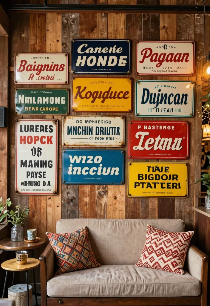 17 Metal Wall Decor Living Room Ideas: Modern Industrial Edge - 3. Vintage Metal Signs 1