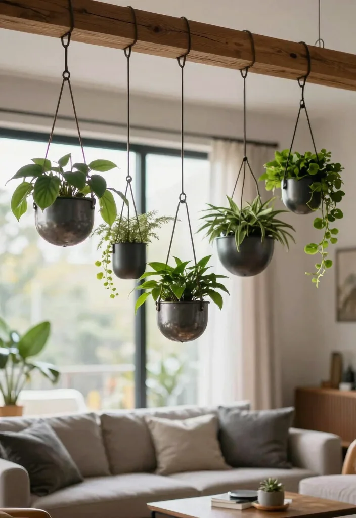 17 Metal Wall Decor Living Room Ideas: Modern Industrial Edge - 7. Hanging Metal Planters 1