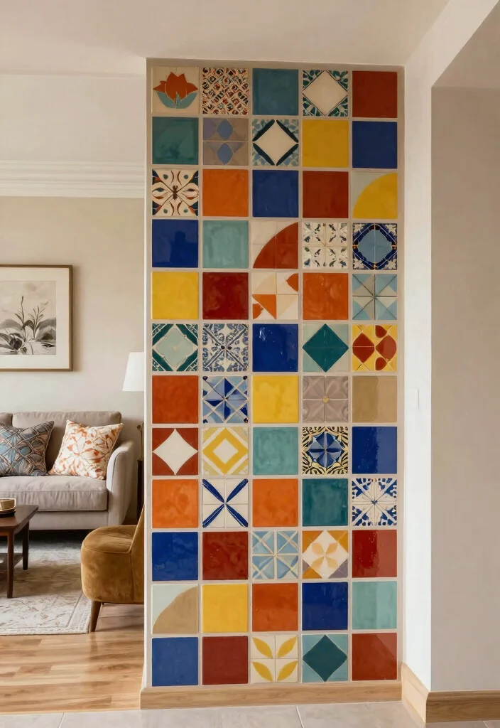 17 Partition Wall Living Room Entrance Ideas Smart Zoning - 12. Colorful Tile Partition 1