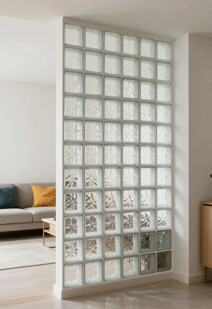 17 Partition Wall Living Room Entrance Ideas Smart Zoning - 9. Minimalist Glass Block Wall 1