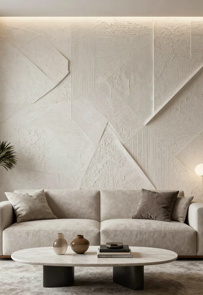 17 Venetian Plaster Walls Living Room Ideas Soft Luxury Texture - 16. Textured Geometric Patterns 1