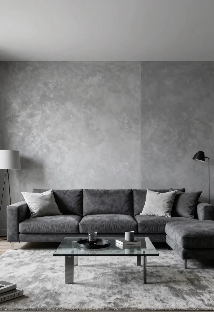 17 Venetian Plaster Walls Living Room Ideas Soft Luxury Texture - 7. Monochromatic Greyscale 1