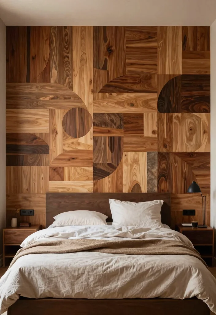 17 Wooden Accent Wall Bedroom Ideas for a Warm Textured Style - 10. Artistic Wood Layering 1