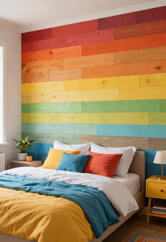 17 Wooden Accent Wall Bedroom Ideas for a Warm Textured Style - 13. Colorful Wood Strips 1