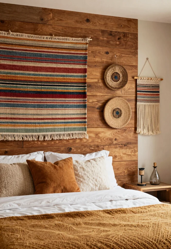 17 Wooden Accent Wall Bedroom Ideas for a Warm Textured Style - 15. Rustic Accent Wall with Woven Textiles 1