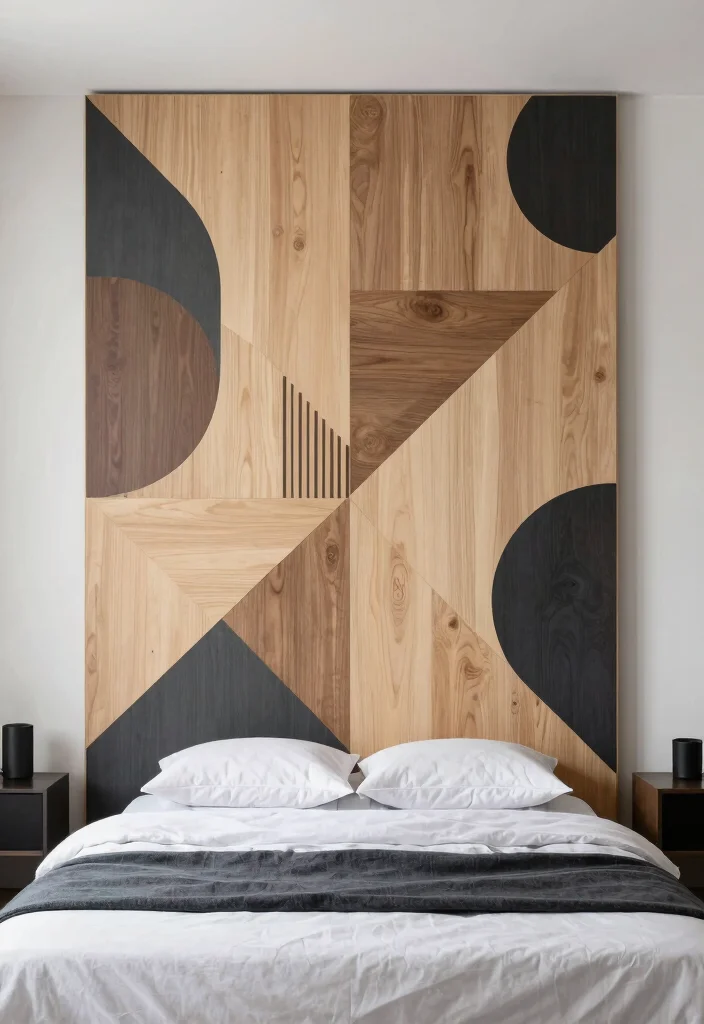 17 Wooden Accent Wall Bedroom Ideas for a Warm Textured Style - 16. Modern Geometric Wood Designs 1