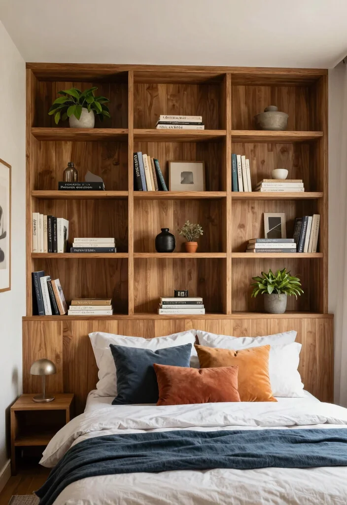 17 Wooden Accent Wall Bedroom Ideas for a Warm Textured Style - 7. Accent Wall with Built-in Shelving 1