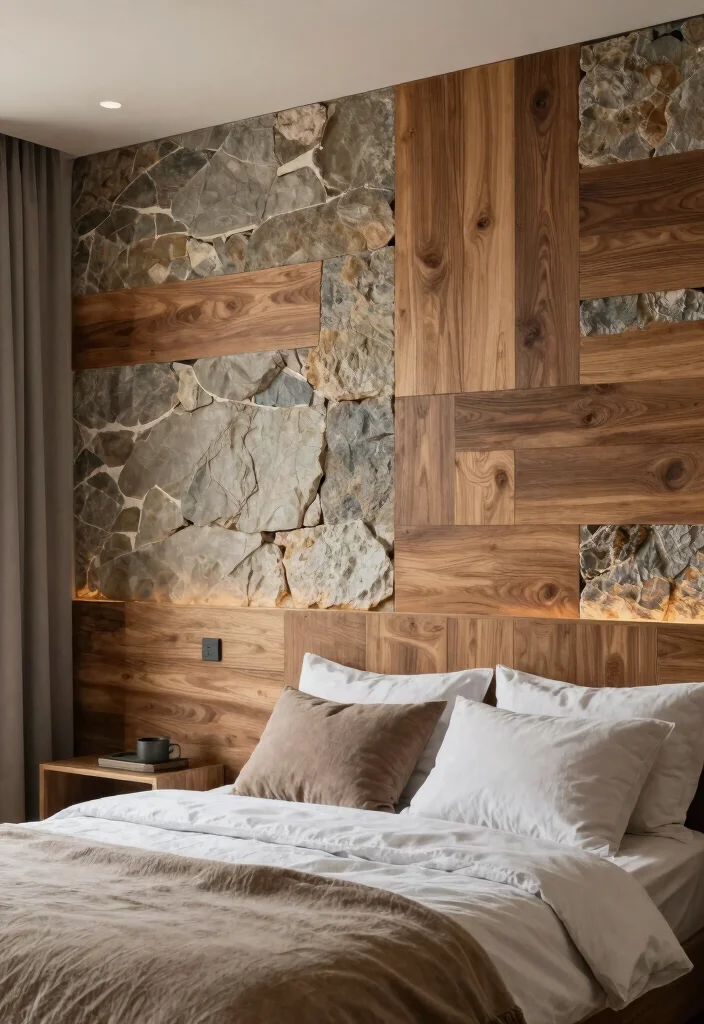 17 Wooden Accent Wall Bedroom Ideas for a Warm Textured Style - 9. Mixed Material Accents 1