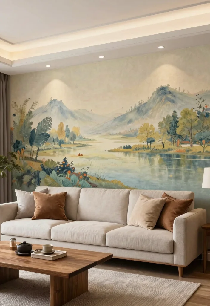 18 Blank Wall Ideas for a Stunning Living Room - 10. Statement Mural or Wallpaper 1