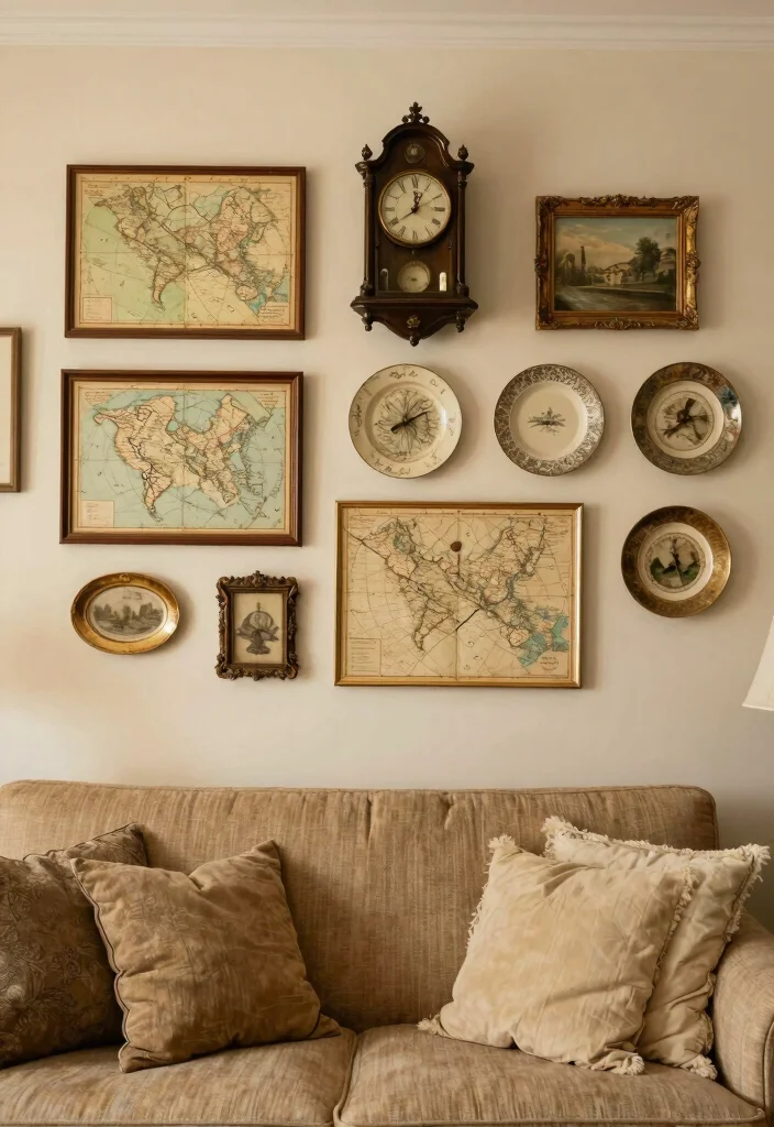 18 Blank Wall Ideas for a Stunning Living Room - 12. Vintage and Antique Finds 1