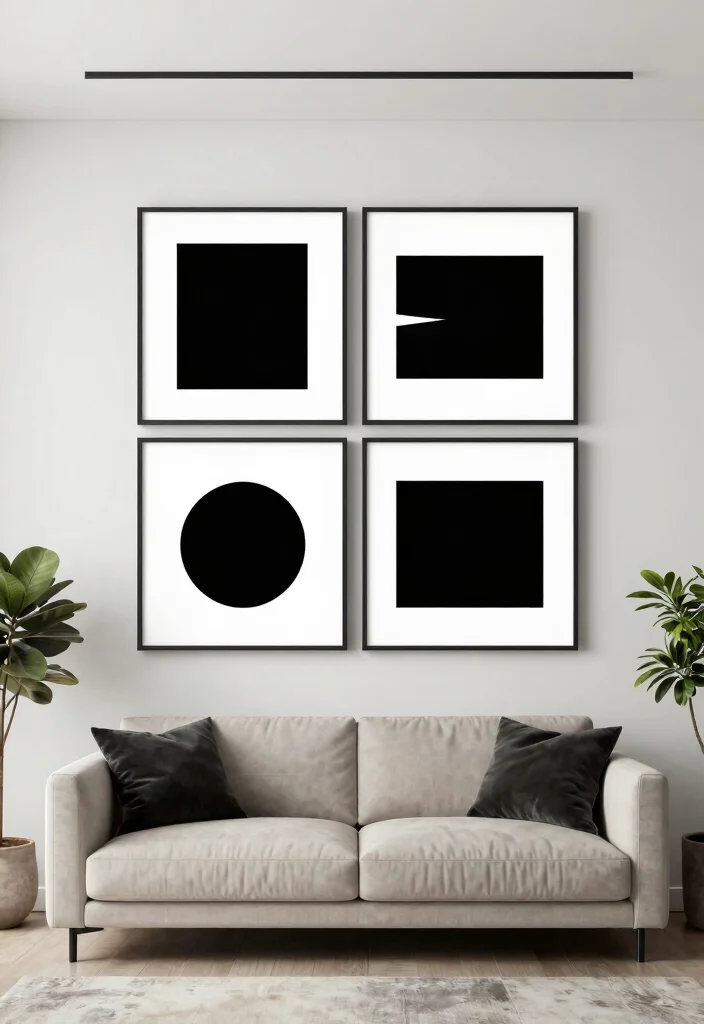 18 Blank Wall Ideas for a Stunning Living Room - 13. Minimalist Black and White Art 1