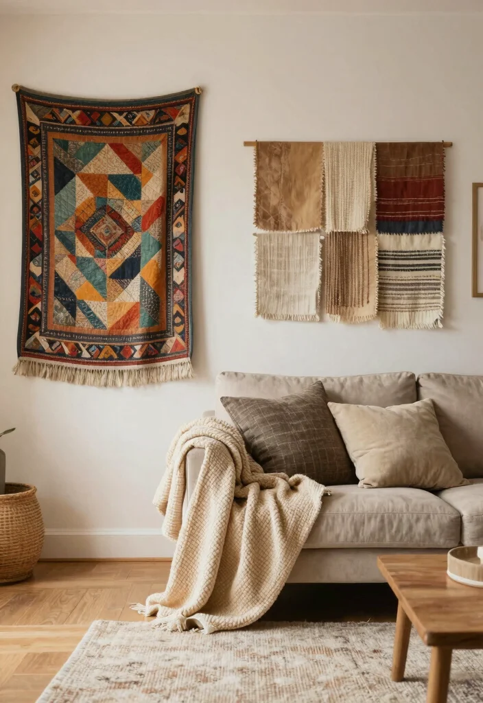 18 Blank Wall Ideas for a Stunning Living Room - 14. Layered Textiles for a Cozy Feel 1