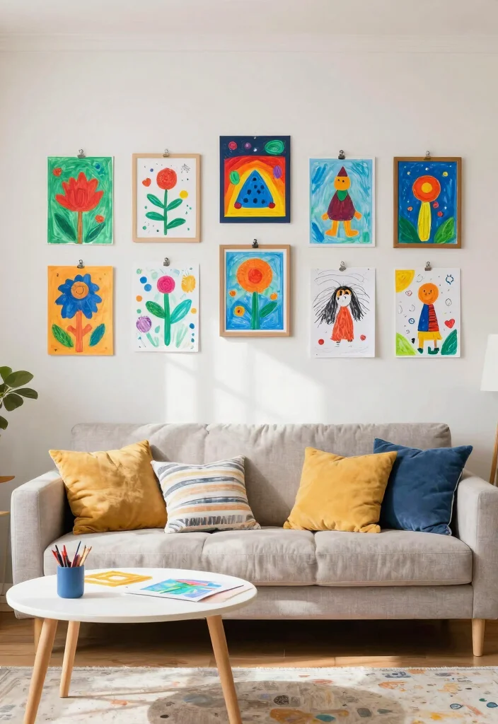 18 Blank Wall Ideas for a Stunning Living Room - 15. Customized Art Projects for Kids 1