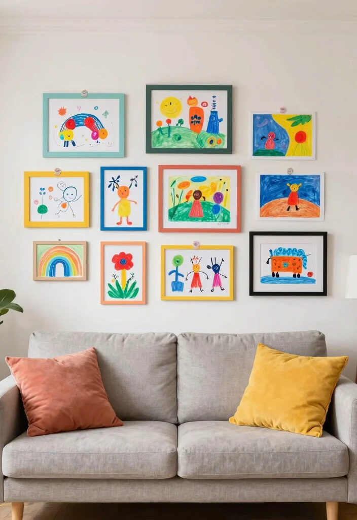 18 Blank Wall Ideas for a Stunning Living Room - 18. Whimsical Kids' Art Gallery 1