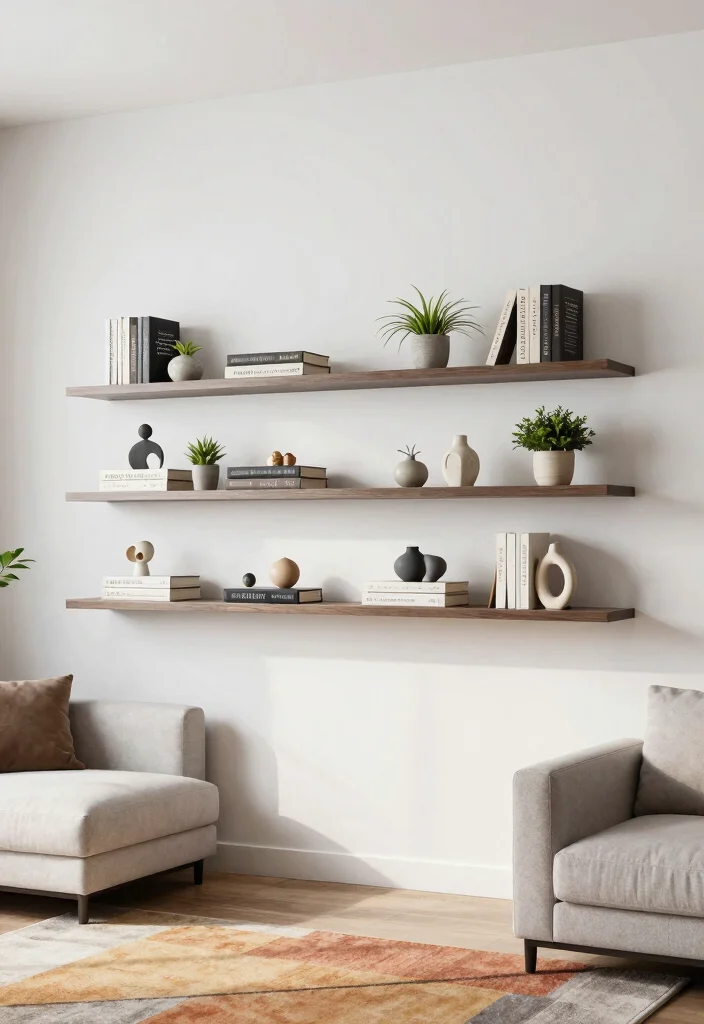 18 Blank Wall Ideas for a Stunning Living Room - 3. Floating Shelves with Decor Items 1