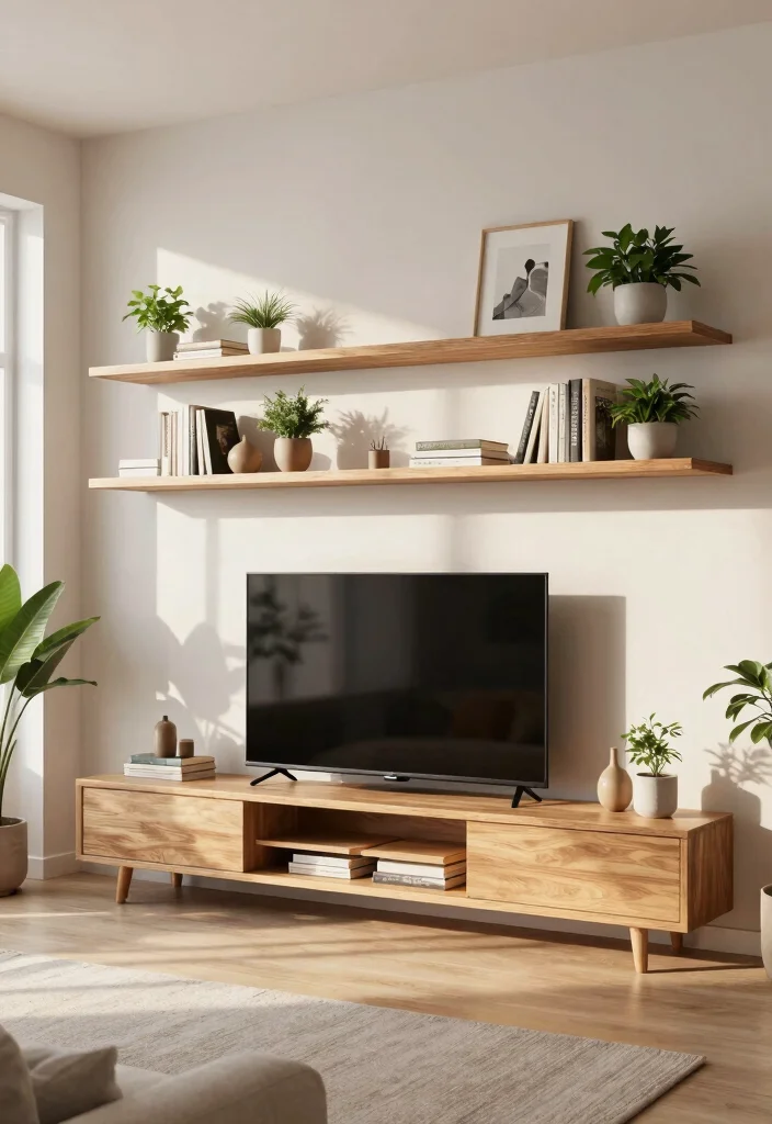 18 Living Room Decor Around TV Ideas Balanced and Stylish - 1. Floating Shelves with Stylish Accents 1