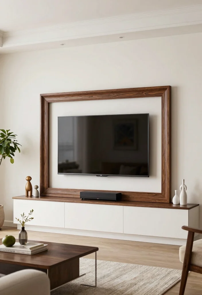 18 Living Room Decor Around TV Ideas Balanced and Stylish - 16. Decorative TV Frames 1