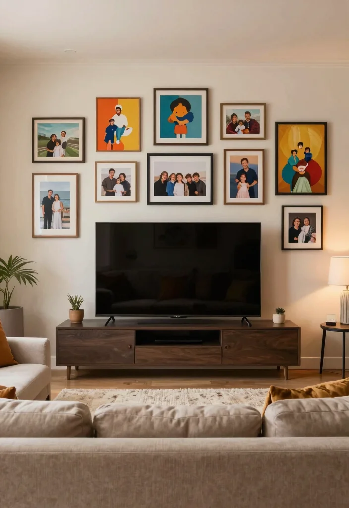 18 Living Room Decor Around TV Ideas Balanced and Stylish - 5. Gallery Wall Behind the TV 1
