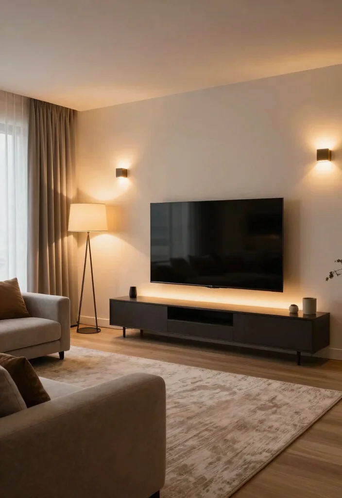 18 Living Room Decor Around TV Ideas Balanced and Stylish - 6. Soft Lighting Solutions 1