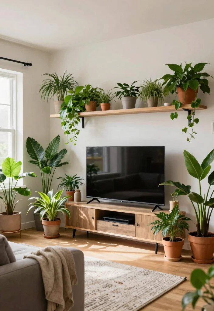 18 Living Room Decor Around TV Ideas Balanced and Stylish - 8. Biophilic Design with Indoor Plants 1