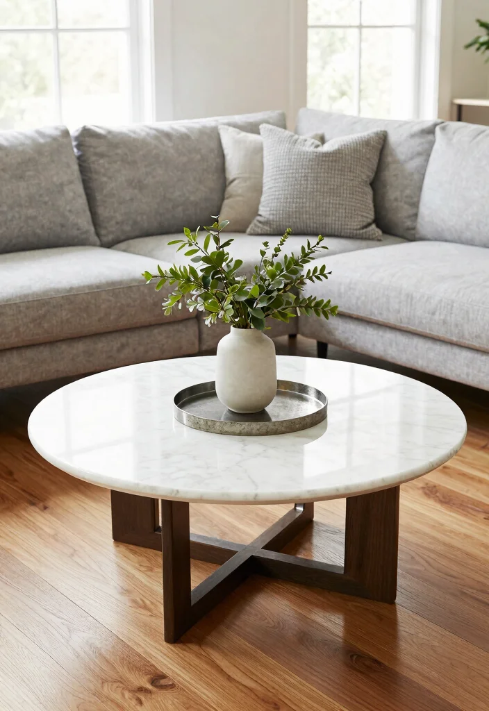 18 Living Room With Round Coffee Table Ideas Flow and Balance - 1. The Classic White Marble Table 1