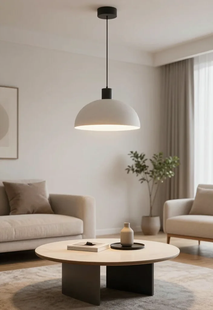 18 Living Room With Round Coffee Table Ideas Flow and Balance - 15. Statement Lighting Above 1